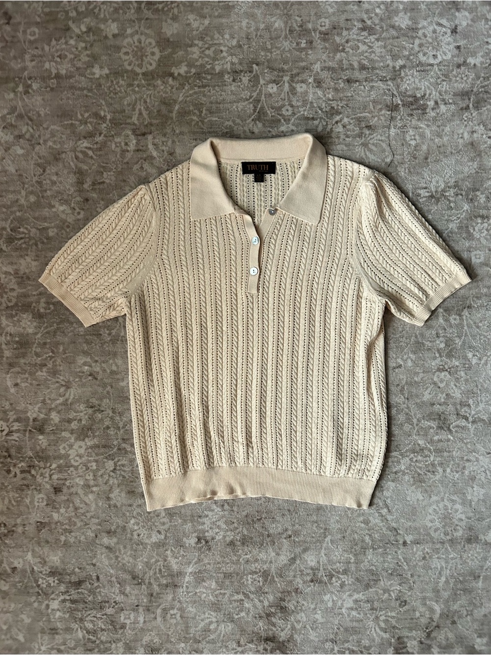 Truth Large Bamboo Cotton blend Cream Short-Sleeve Knit Polo Sweater